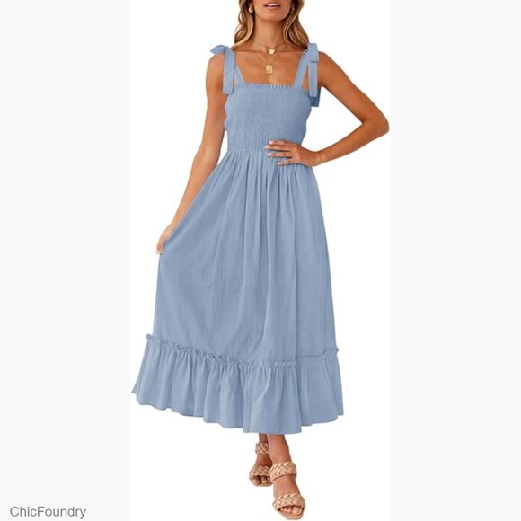 Dresses & Skirts - Boho Maxi Dress with Spaghetti Straps Square Neck Ruffle A-Line Beach